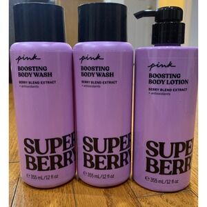 VICTORIA'S SECRET PINK SUPER BERRY BOOSTING BODY LOTION CREAM AND 2 BODY WASH